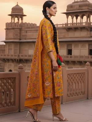 Women Floral Printed Regular Thread Work Kurta with Trousers & With Dupatta 3