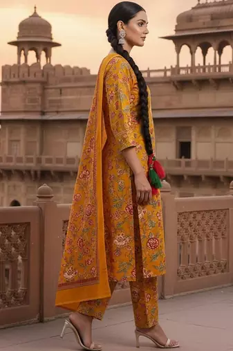 Women Floral Printed Regular Thread Work Kurta with Trousers & With Dupatta