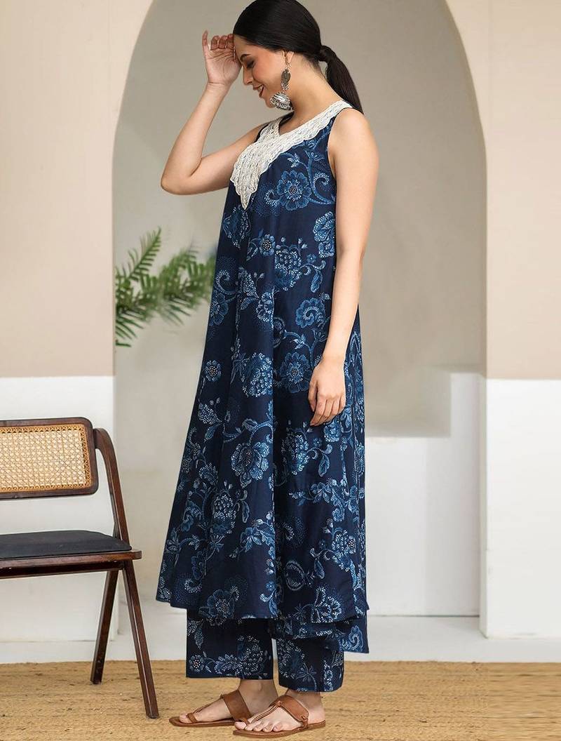 Floral Printed Pure Cotton A-Line Kurta With Trouser