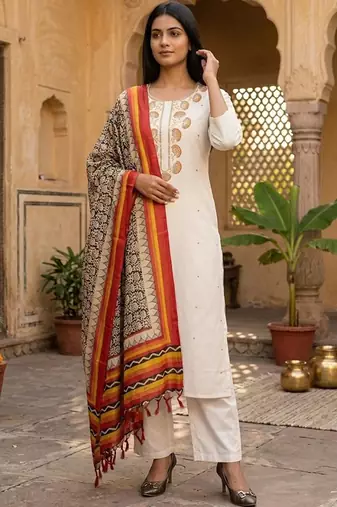 Women Embroidered Regular Thread Work Kurta with Trousers & With Dupatta
