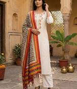 Women Embroidered Regular Thread Work Kurta with Trousers & With Dupatta