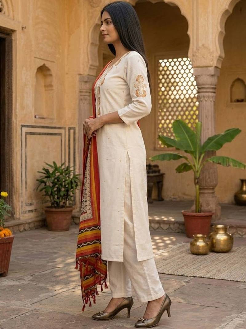 Women Embroidered Regular Thread Work Kurta with Trousers & With Dupatta