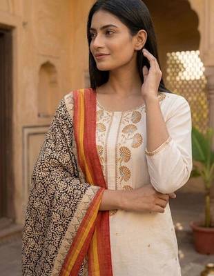 Women Embroidered Regular Thread Work Kurta with Trousers & With Dupatta 4