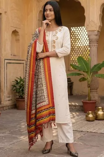 Women Embroidered Regular Thread Work Kurta with Trousers & With Dupatta