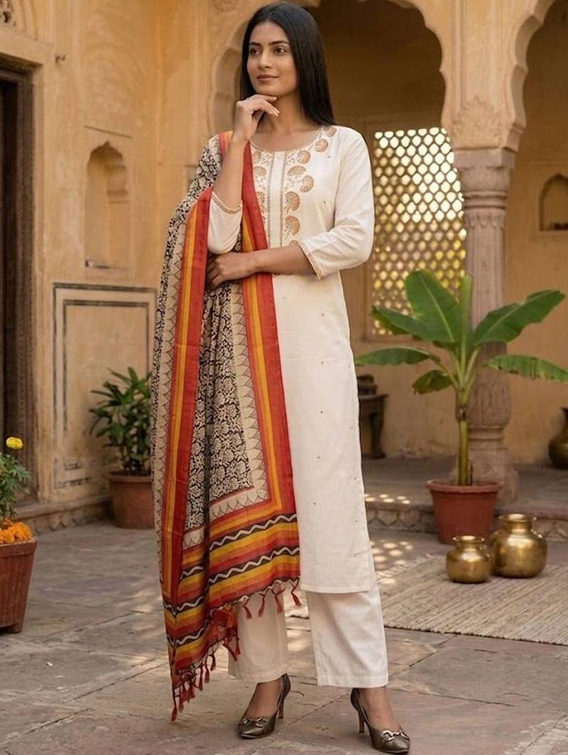Women Embroidered Regular Thread Work Kurta with Trousers & With Dupatta