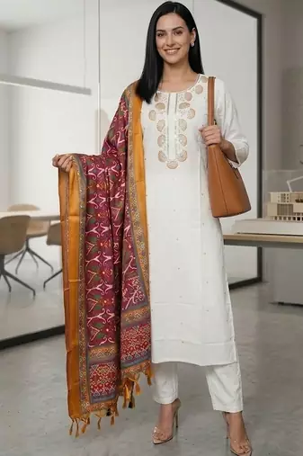 Women Embroidered Regular Thread Work Kurta with Trousers & With Dupatta