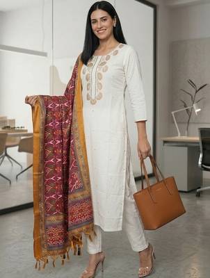 Women Embroidered Regular Thread Work Kurta with Trousers & With Dupatta 5