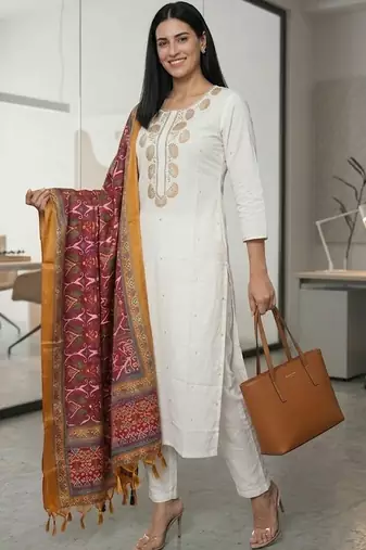 Women Embroidered Regular Thread Work Kurta with Trousers & With Dupatta