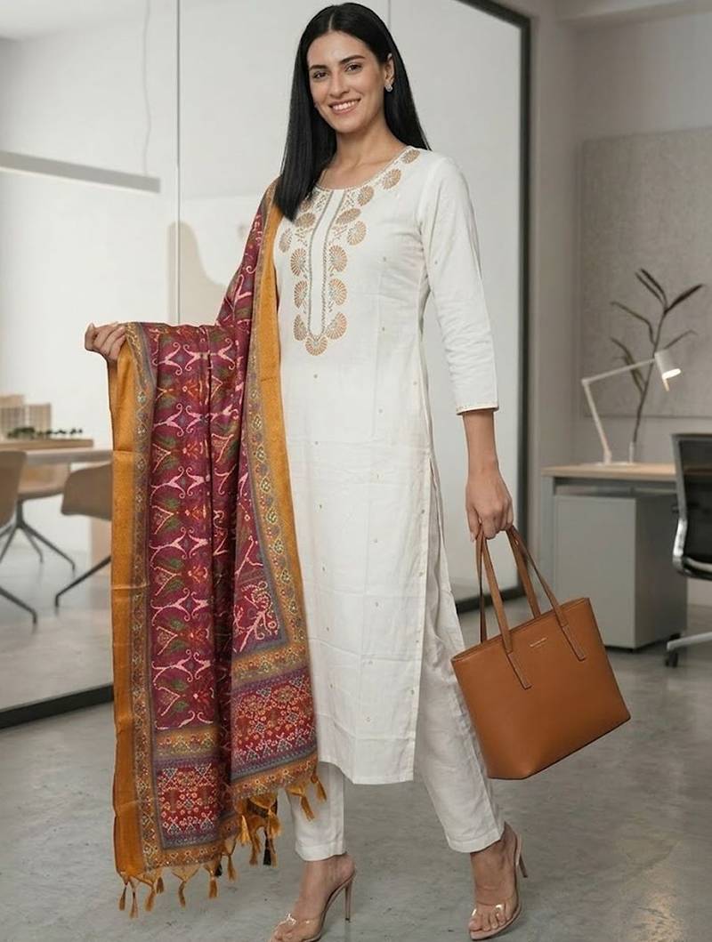 Women Embroidered Regular Thread Work Kurta with Trousers & With Dupatta