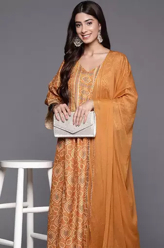 Women Bandhani Printed Empire Gotta Patti Kurta with Trousers & Dupatta