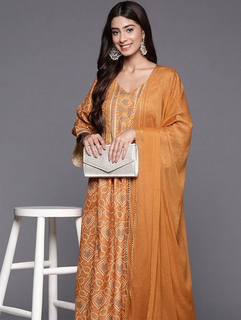 Women Bandhani Printed Empire Gotta Patti Kurta with Trousers & Dupatta