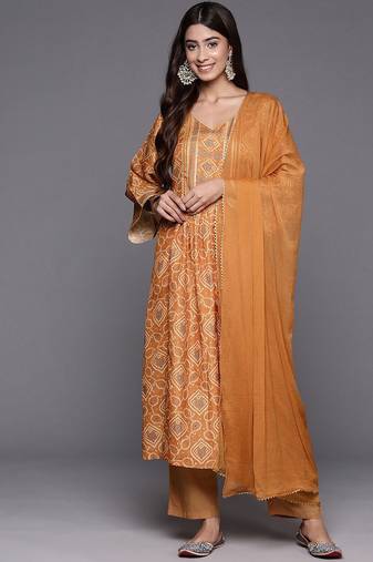 Women Bandhani Printed Empire Gotta Patti Kurta with Trousers & Dupatta
