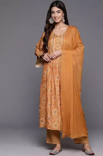 Women Bandhani Printed Empire Gotta Patti Kurta with Trousers & Dupatta