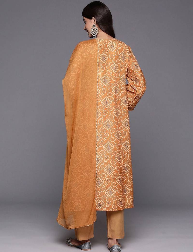 Women Bandhani Printed Empire Gotta Patti Kurta with Trousers & Dupatta
