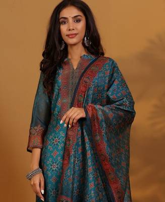 Ethnic Motifs Printed Chanderi Silk Straight Kurta With Trousers And Dupatta 1