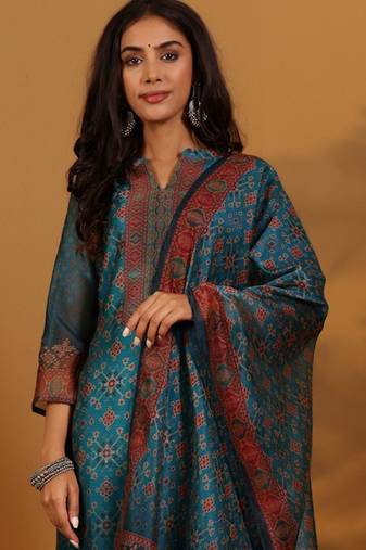 Ethnic Motifs Printed Chanderi Silk Straight Kurta With Trousers And Dupatta