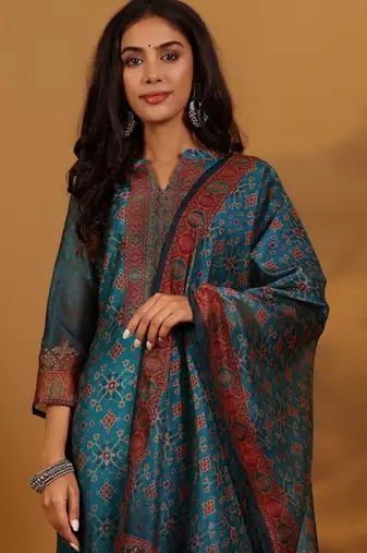 Ethnic Motifs Printed Chanderi Silk Straight Kurta With Trousers And Dupatta