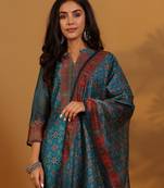 Ethnic Motifs Printed Chanderi Silk Straight Kurta With Trousers And Dupatta