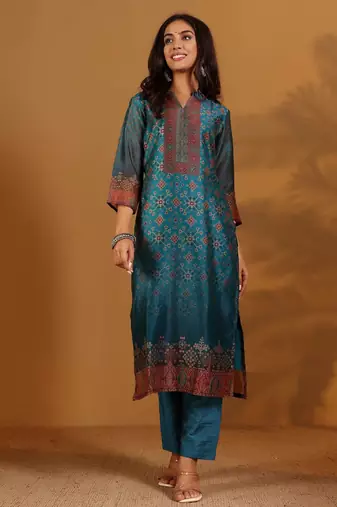 Ethnic Motifs Printed Chanderi Silk Straight Kurta With Trousers And Dupatta