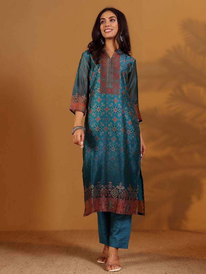 Ethnic Motifs Printed Chanderi Silk Straight Kurta With Trousers And Dupatta