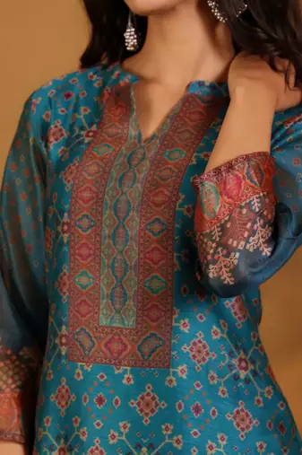 Ethnic Motifs Printed Chanderi Silk Straight Kurta With Trousers And Dupatta