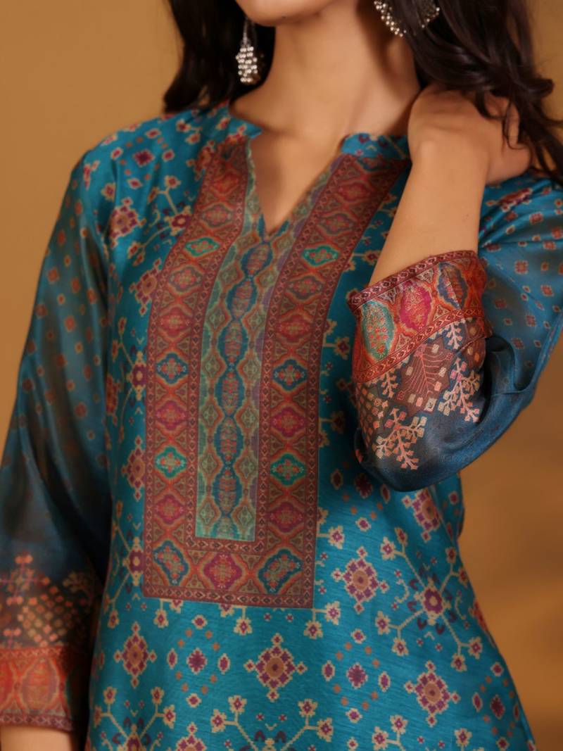 Ethnic Motifs Printed Chanderi Silk Straight Kurta With Trousers And Dupatta