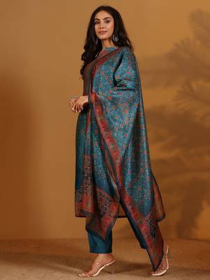 Ethnic Motifs Printed Chanderi Silk Straight Kurta With Trousers And Dupatta 5