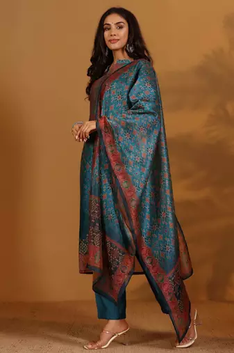 Ethnic Motifs Printed Chanderi Silk Straight Kurta With Trousers And Dupatta