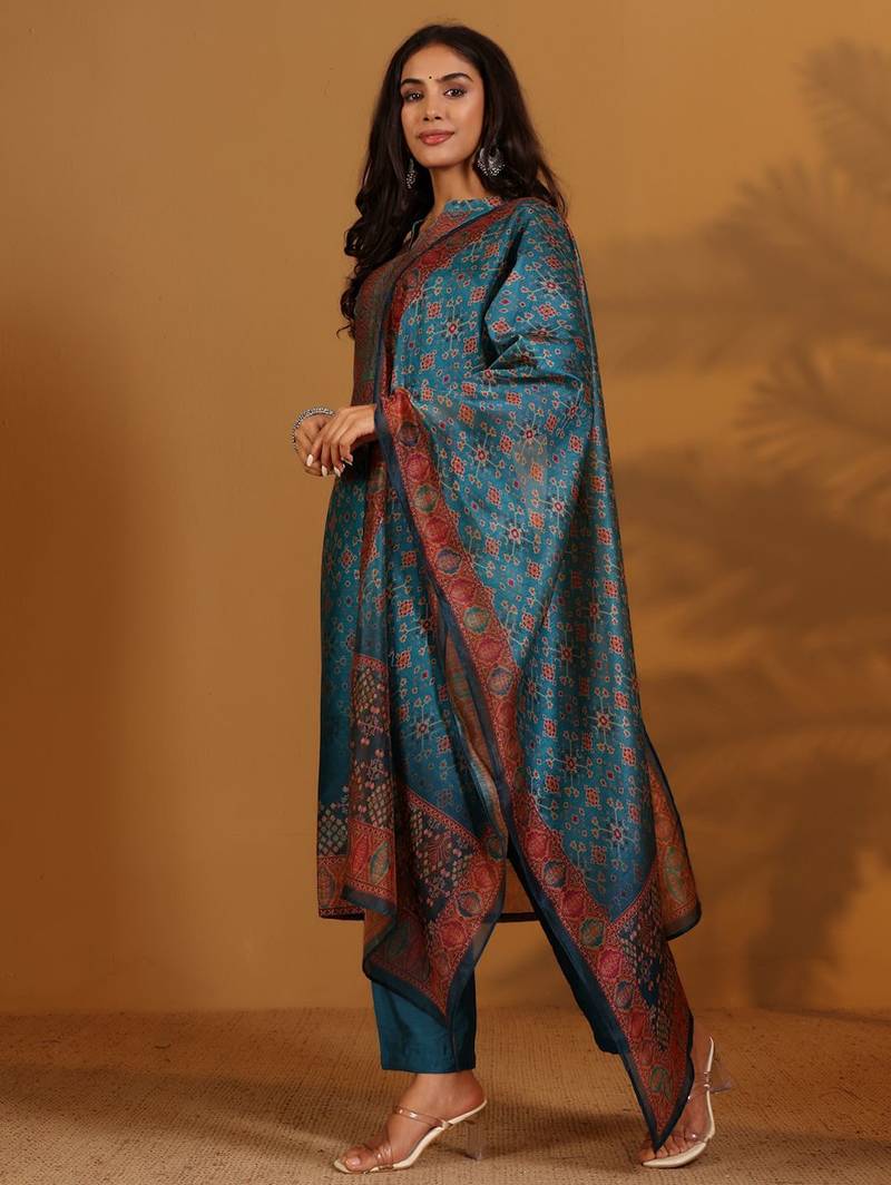 Ethnic Motifs Printed Chanderi Silk Straight Kurta With Trousers And Dupatta