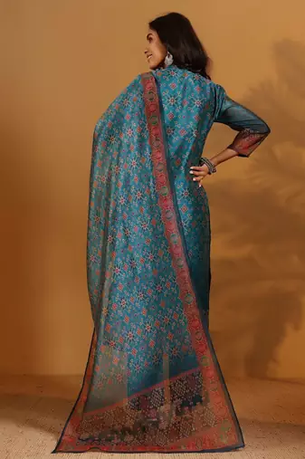 Ethnic Motifs Printed Chanderi Silk Straight Kurta With Trousers And Dupatta