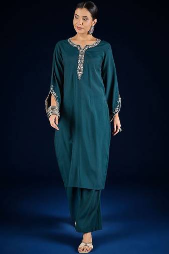 Floral Embroidered Thread Work Straight Kurta With Palazzos