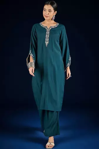 Floral Embroidered Thread Work Straight Kurta With Palazzos