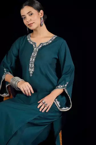 Floral Embroidered Thread Work Straight Kurta With Palazzos