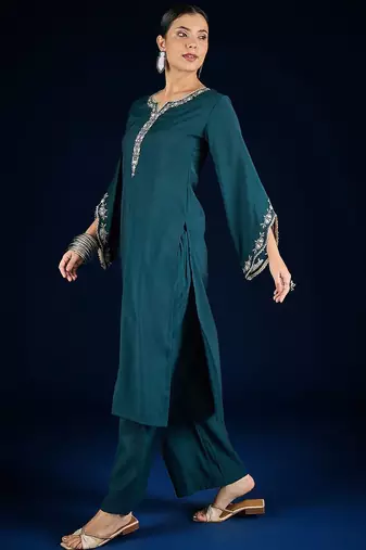 Floral Embroidered Thread Work Straight Kurta With Palazzos
