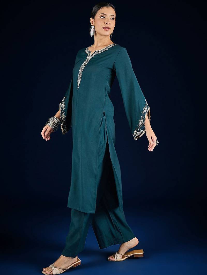 Floral Embroidered Thread Work Straight Kurta With Palazzos