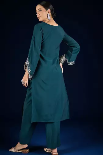 Floral Embroidered Thread Work Straight Kurta With Palazzos