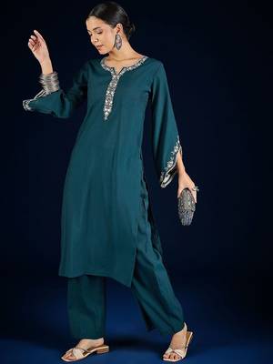 Floral Embroidered Thread Work Straight Kurta With Palazzos 6