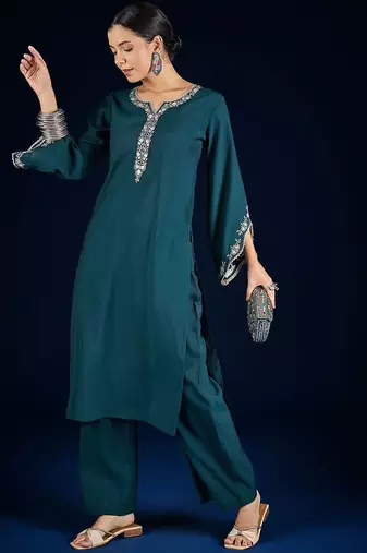Floral Embroidered Thread Work Straight Kurta With Palazzos