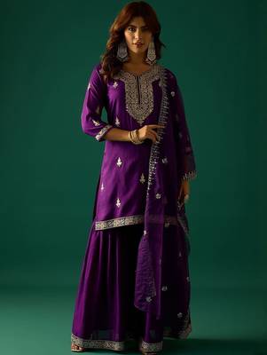 Ethnic Motifs Embroidered Zari Kurta With Sharara & Dupatta 1