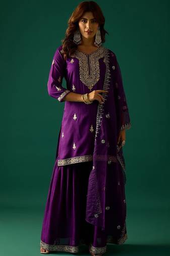 Ethnic Motifs Embroidered Zari Kurta With Sharara & Dupatta