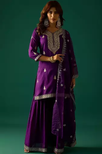Ethnic Motifs Embroidered Zari Kurta With Sharara & Dupatta