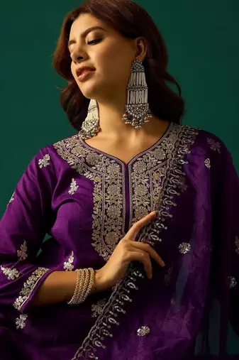 Ethnic Motifs Embroidered Zari Kurta With Sharara & Dupatta