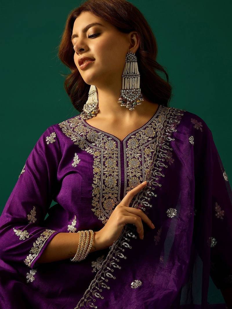 Ethnic Motifs Embroidered Zari Kurta With Sharara & Dupatta