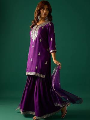 Ethnic Motifs Embroidered Zari Kurta With Sharara & Dupatta 3