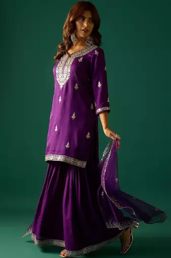 Ethnic Motifs Embroidered Zari Kurta With Sharara & Dupatta