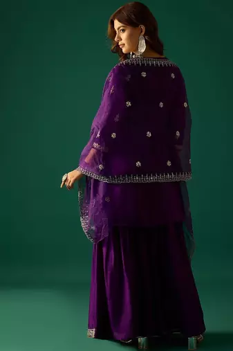 Ethnic Motifs Embroidered Zari Kurta With Sharara & Dupatta