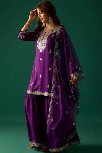 Ethnic Motifs Embroidered Zari Kurta With Sharara & Dupatta