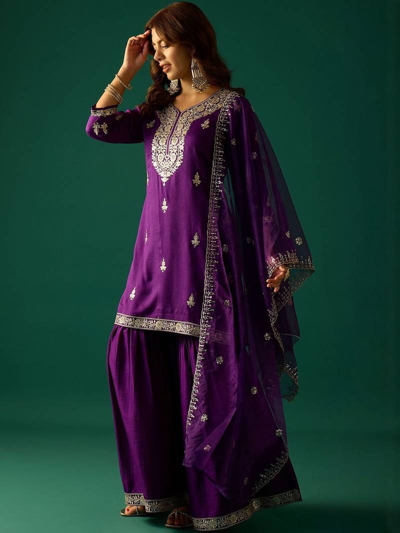 Ethnic Motifs Embroidered Zari Kurta With Sharara & Dupatta