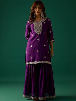Ethnic Motifs Embroidered Zari Kurta With Sharara & Dupatta 6