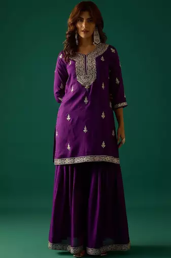 Ethnic Motifs Embroidered Zari Kurta With Sharara & Dupatta